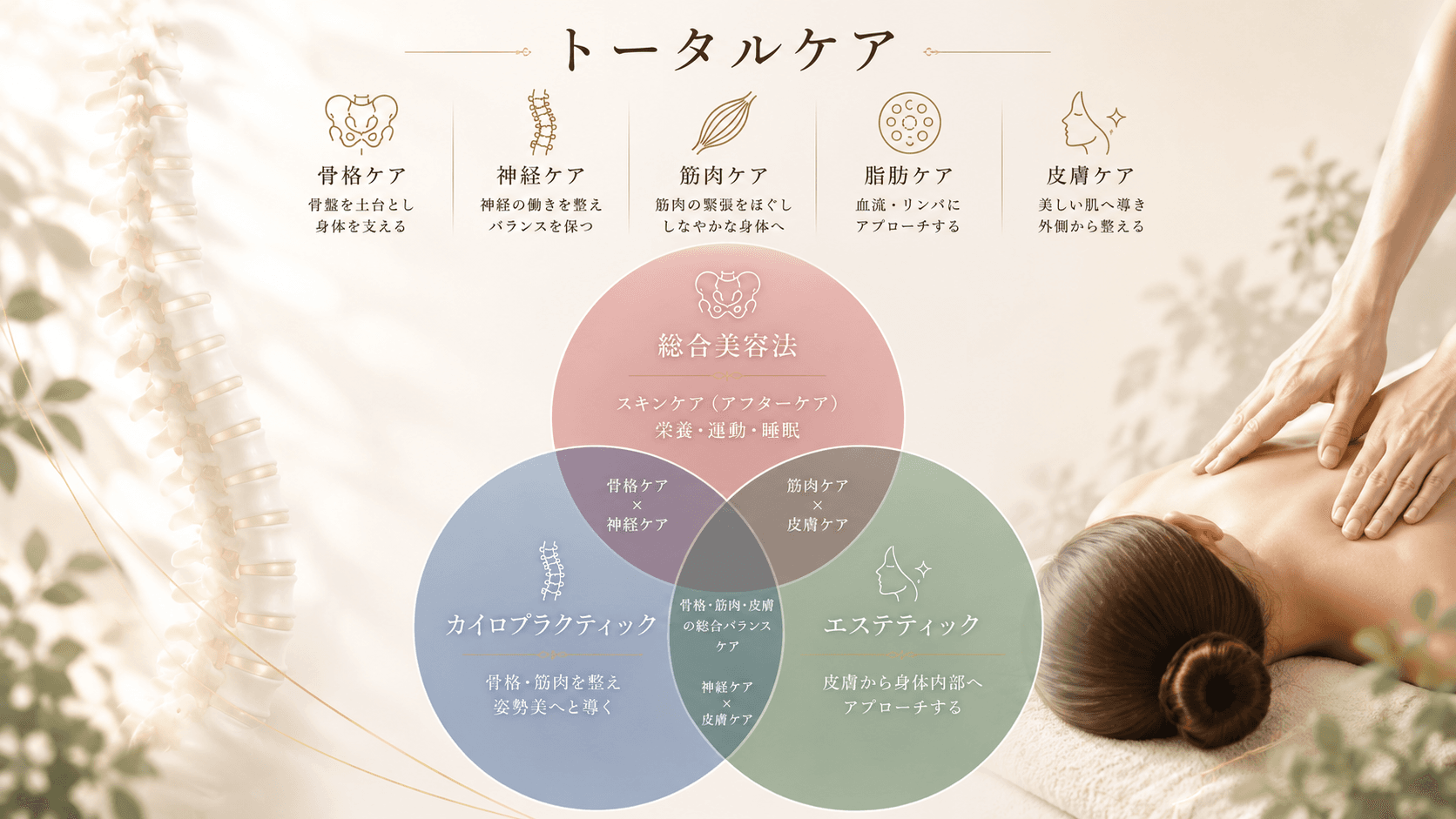 トータルケアの概念図。骨格・神経・筋肉・脂肪・皮膚のケアと、カイロプラクティック・エステティック・総合美容法の融合
